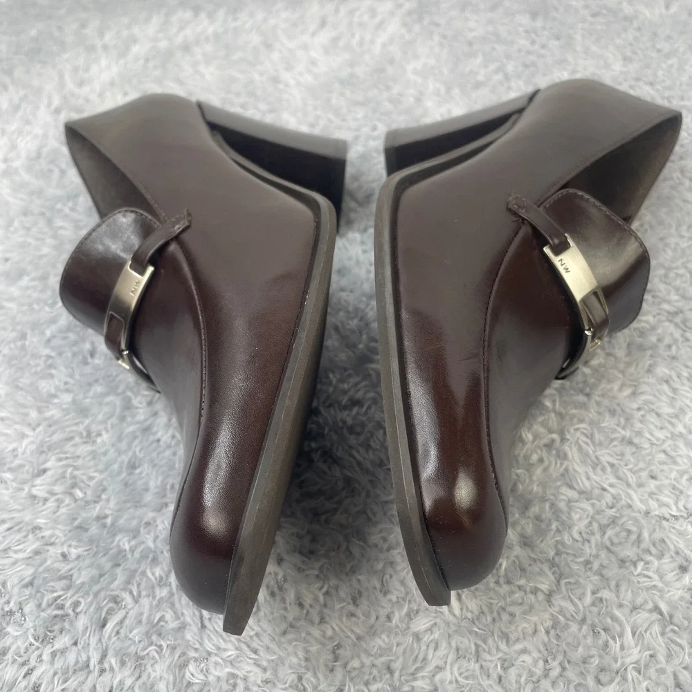 Nine West Ravon Loafers Women 8.5 Brown Leather Block‎ Heel Square Toe Brazil